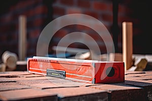 Construction tool. Bubble spirit level on on a construction site. New Red Brick Wall Outdoor.