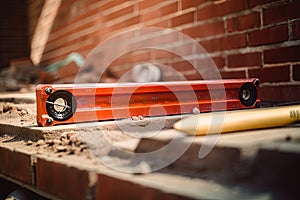 Construction tool. Bubble spirit level on on a construction site. New Red Brick Wall Outdoor.