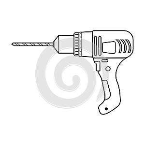Construction tool drill, black outline on a white background, vector