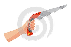 Construction tool in hand, saw. Repair and housework equipment in flat design, vector illustration. Master tool for