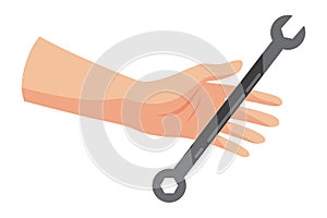 Construction tool in hand, wrench or spanner. Repair and housework equipment in flat design, vector illustration. Master