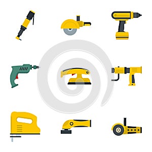 Construction tool icon set, flat style