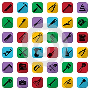 Construction tools black icons set on a color square. Vector industrial signs collection.