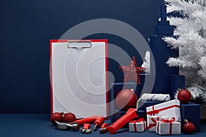 Construction tools, blank clipboard and Christmas decorations. Christmas and New Year construction