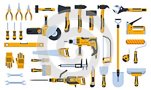 Construction tools. Building repair hand tools, renovation kit, hammer, saw, drill and shovel. Home repair tool vector photo