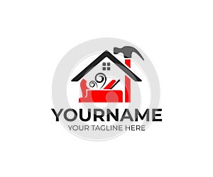 Construction and tools, carpenter or joiner plane, hammer and home, logo design. House building, real estate, repair and improveme