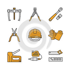 Construction tools color icons set