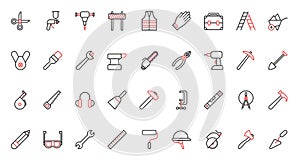 Construction tools and equipment for carpentry, building and repair trendy red black thin line icons set