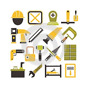 Construction tools and equipment icons flat vector illustration