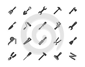 Construction tools flat glyph icons set. Hammer, screwdriver, saw, spanner, paintbrush vector illustrations. Black signs photo