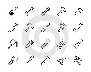 Construction tools flat line icons set. Hammer, screwdriver, saw, spanner, paintbrush vector illustrations. Outline