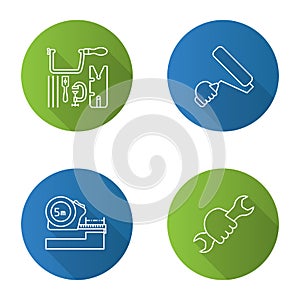 Construction tools flat linear long shadow icons set
