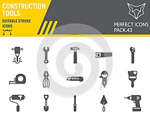 Construction tools glyph icon set