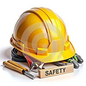 Construction tools and hard hat safety concept