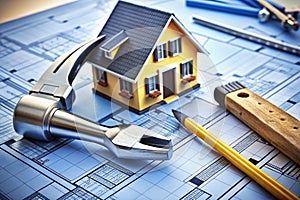 Construction Tools with House Blueprint photo