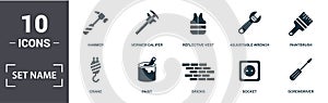 Construction Tools icon set. Contain filled flat paintbrush, reflective vest, paint, adjustable wrench, trowel tool, window icons