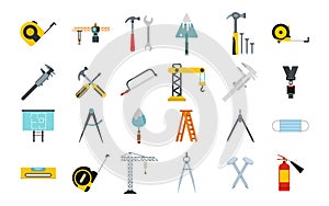 Construction tools icon set, flat style