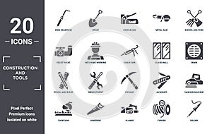 construction.and.tools icon set. include creative elements as iron soldering, shovel and fork, glass wall, pickaxe, handsaw,
