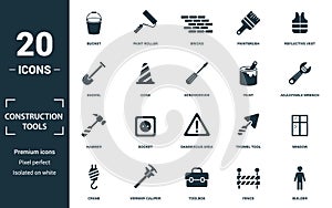 Construction Tools icon set. Monochrome sign collection with bucket, paint roller, bricks, paintbrush and over icons