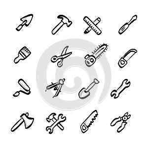 construction tools icons set with shadow vector illustration sketch hand drawn with black lines isolated on white background