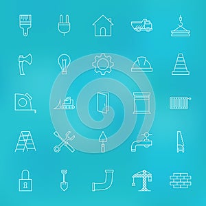 Construction Tools Line Icons Set over Blurred Background