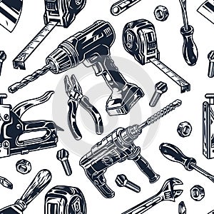 Construction tools monochrome seamless pattern