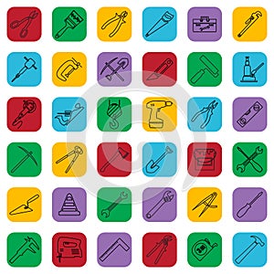 Construction tools outline icons set on a color square. Vector industrial signs collection.