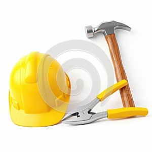 Construction tools and protective gear on white background with yellow hard hat hammer and pliers concept for work