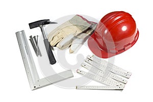 Construction Tools - Protective Hardhat, Gloves, Hammer, Nails And Straightedge Isolated On White