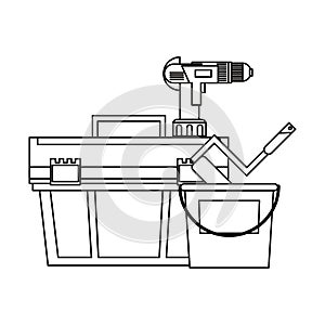 Construction tools and repair equipment in black and white