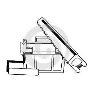 Construction tools and repair equipment in black and white