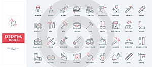 Construction tools and safety gears, toolbox of repair service worker line icons set