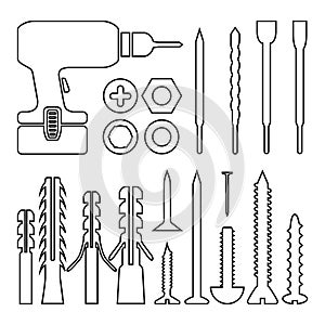 Construction tools and a set of fasteners. Set of screwdrivers and self-tapping screws. Items for construction and carpentry.