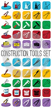 Construction tools set: outline, black and white silhouette, colorfull and isometric. Modern industrial instrumen icons.