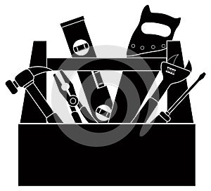 Construction Tools in Tool Box Black and White Vector Illustration photo
