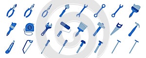 Construction tools vector icon set. Adjustable wrench, brush, roller, hammer and nails. Screw, nut and bolt. Tape measure,