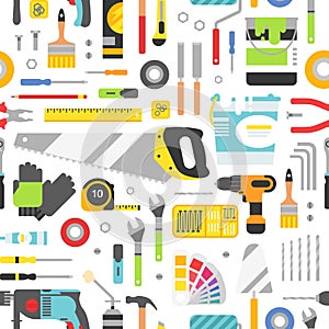Construction tools vector icons seamless pattern. Hand equipment background