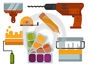 Construction tools worker equipment house renovation handyman vector illustration.