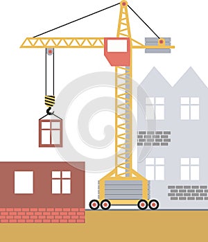 Construction tower crane. Building equipment in flat style. Construction site with stroke crane