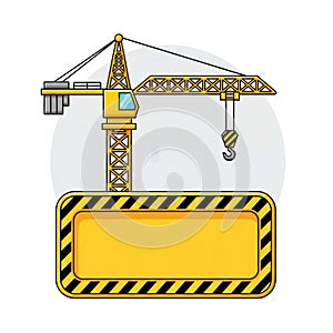 Construction crane and blank yellow sign for site information and project management details isolated on white background