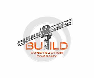 Construction tower crane in construction site logo design. Heavy industrial machinery equipment at building site vector design