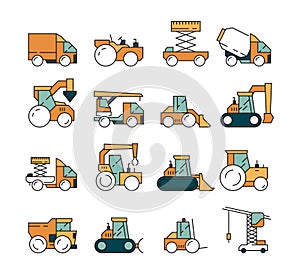 Construction transport. Heavy machinery truck asphalt highway on machines for builders lifting crane bulldozer tractors