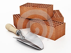 Construction trowel and bricks isolated on white background. 3D illustration