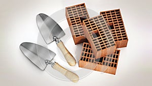 Construction trowel and bricks isolated on white background. 3D illustration