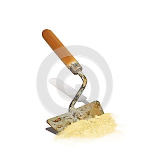 Construction trowel in a pile of sand 3d illustration. Isolated on white background