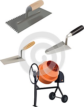 Construction trowels and cement mixer for cement dough photo