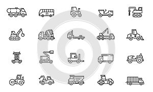 Construction truck line icon set. Garbage container trailer transport vehicle heavy cargo construction industry line