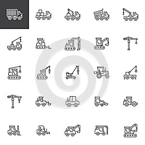 Construction truck line icons set