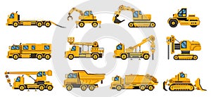 Construction trucks. Equipment building trucks, excavation crane truck, tractors and bulldozers, large engine isolated