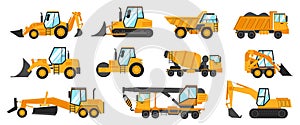 Construction trucks. Heavy industrial vehicles for digging, mining, lifting and transportation. Building transport. Crane